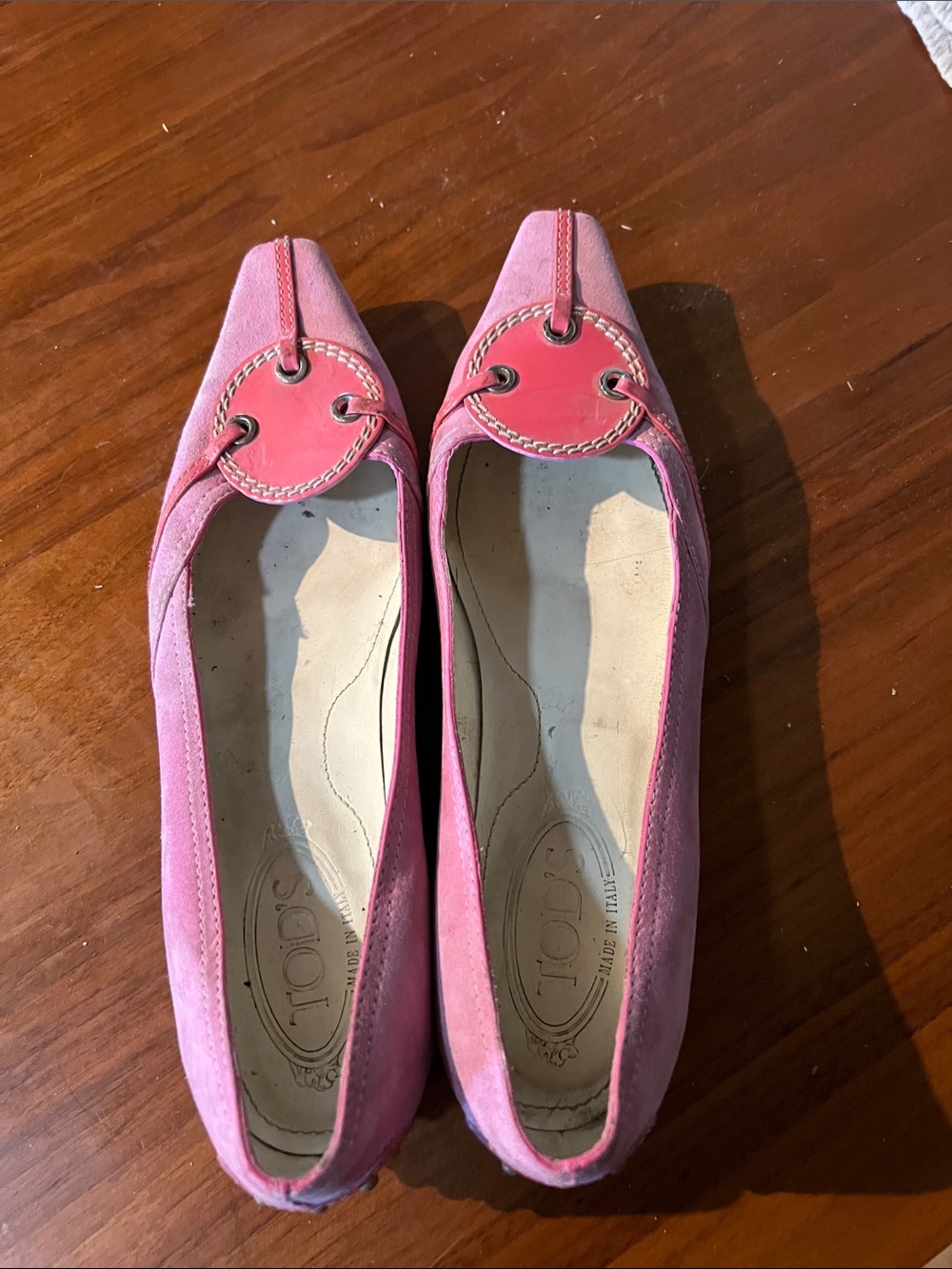 TOD'S Pink Suede Pointed-Toe Flats with Leather Medallion
